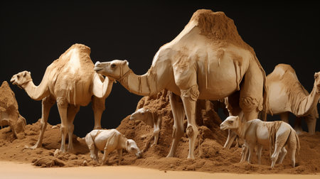 Group of camels at a feeding trough in a rural area of the United Arab Emirates. Generative AIの素材