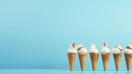Set of various ice cream scoops in waffle cones isolated on cyan background. Generative AIの素材