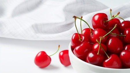 Cherries. Cherry. Cherries in color bowl and kitchen napkin. Red cherry. Generative AIの素材