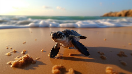 Baby turtle doing her first steps to the ocean. This is the beachの素材