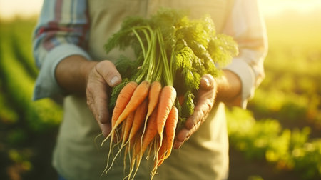 Closeup of senior man human hands taking putting fresh carrots with green leaves. Generative AIの素材