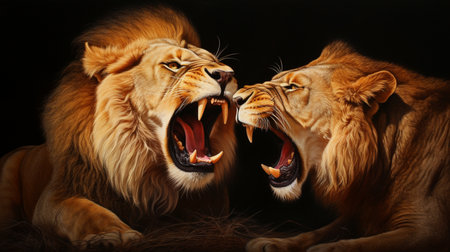 Close-up of a Lion and Lioness roaring at each other. Generative AIの素材