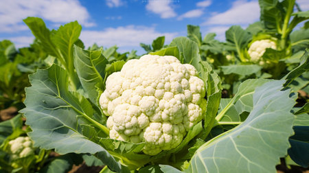 Cauliflower grows in organic soil in the garden on the vegetable area. Generative AIの素材