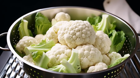 Plate with fresh cauliflower on a grey stone background. Generative AIの素材