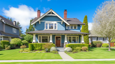 Beautiful craftsman home exterior on bright sunny day with green grass and blue skyの素材
