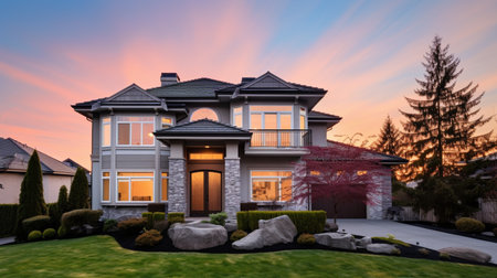 Beautiful luxury home exterior at sunset. Home Exterior at Twilight with Colorful Sunset Skyの素材