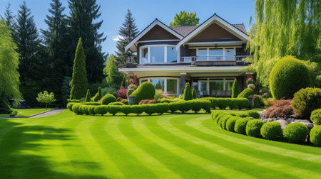 Beautiful Home With Green Grass Yard. Luxury houseの素材