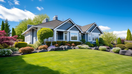 Beautiful luxury home exterior on bright sunny day with green grass and blue skyの素材