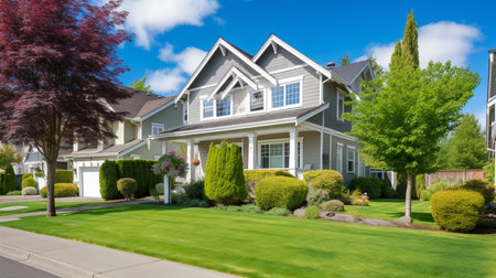 Beautiful residential home exterior on bright sunny day with green grass and blue skyの素材