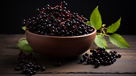 Black elderberries (Sambucus nigra) in a bowl and some berries on rustic wooden tableの素材