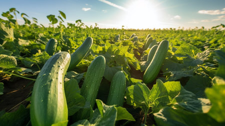 Organic cucumbers cultivation. Closeup of fresh green vegetables. generative aiの素材