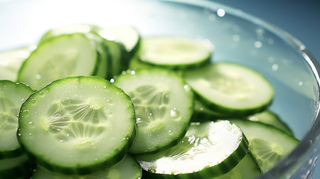 Fresh cucumber salad with cilantro and oil in a white bowl. generative aiの素材