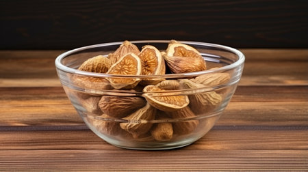 Dried figs in glass bowl on wooden backgroundの素材