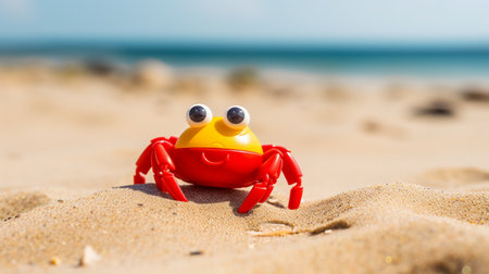 Cute red and yellow toy crab on a sandy seashore (beach). Panoramic image, copy space. generative aiの素材