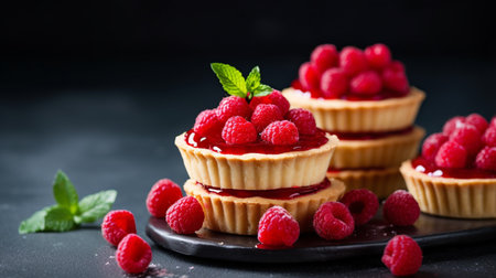 Delicious raspberry mini tarts (tartlets) with whipped cream on dark background. Generative AIの素材