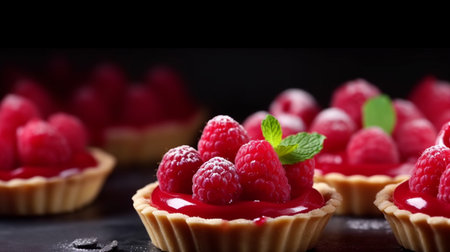 Delicious raspberry mini tarts (tartlets) with whipped cream on dark background. Generative AIの素材