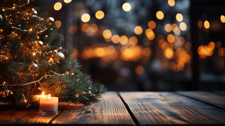 empty wood table top and blur of room with a christmas tree background. Generative AIの素材