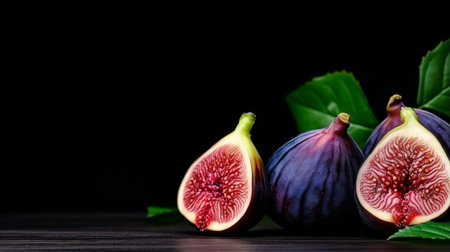 Fresh ripe figs with green leaf and on dark table black background. Healthy Mediterranean fig fruitの素材