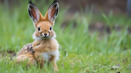 Cute fluffy rabbit on green grass outdoorsの素材