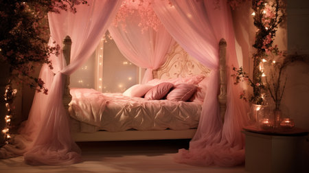 Fantasy bedroom with hanging lamps. Generative AIの素材