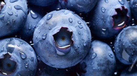 Water drops on ripe sweet blueberry. Fresh blueberries background with copy space for your textの素材