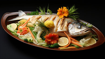 Teriaki tilapia dish with vegetables on a concrete table, horizontal view from aboveの素材