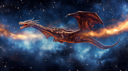 3D Flying Dragon Breathing Fire on dark night. Top view. Generative AIの素材