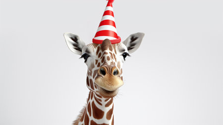Funny giraffe party animal with a red and white striped birthday hatの素材