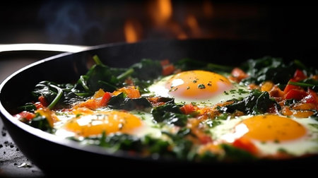 Fried eggs with spinach Fried Eggs with Vegetables on iron skillet. Generative AIの素材