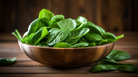 Fresh spinach leaves in bowl on rustic wooden table. Generative AIの素材