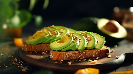 Healthy avocado toasts with rye bread, nut and sesame for breakfast or lunch. Food recipe backgroundの素材