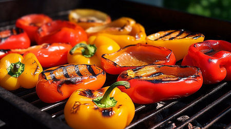 Roasted red and yellow peppers in baking tray on a wooden background. Generative AIの素材