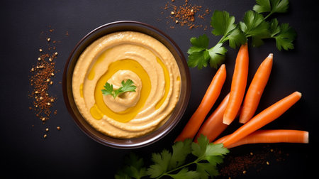 Hummus with Carrot Sticks Top View. over white timberの素材