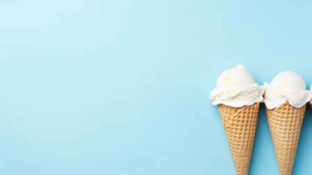 Ice cream cone close up. vanilla Ice cream scoop in waffle cone over blue backgroundの素材