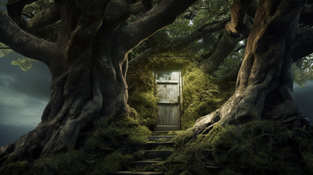 House inside tree. Deep in a distant, hidden, mysterious forest sits an enchanting fairy tree homeの素材
