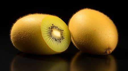 Closeup ripe golden kiwi fruit on wooden background. Healthy fruits conceptの素材