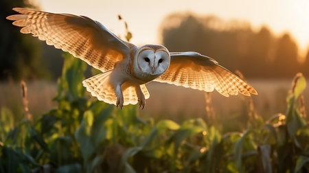 owl flight. hunting barn owl, wild bird in morning nice light. beautiful animal in nature habitatの素材