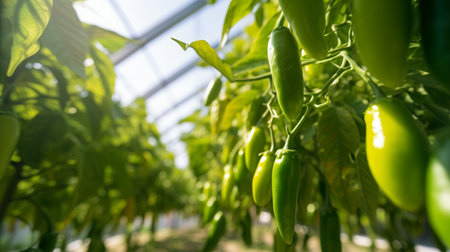 Green peppers growing in the garden. Green bell pepper hanging on tree in the plantationの素材