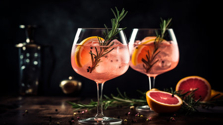 Pink grapefruit and rosemary gin cocktail is served in a prepared gin glassesの素材