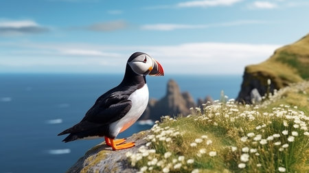 Portrait of an Atlantic puffin. Sea bird standing on a cliff in natureの素材