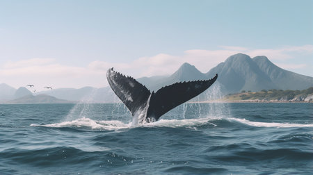 Seascape with Whale tail. The humpback whale (Megaptera novaeangliae) tail dripping. Generative AIの素材