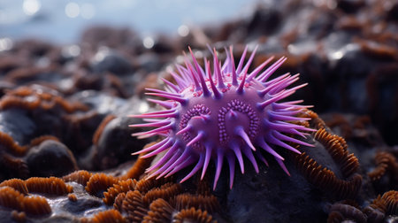 purple sea urchin, strongylocentrotus purpuratus, in rocky intertidal zone along the eastern edgeの素材