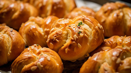 Homemade Buttery Garlic Knot Bread with Parsley and Parmesan cheese and dried greens. Generative AIの素材