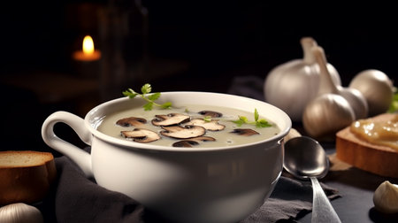 Freshly made mushroom soup in a bowl. Generative AIの素材