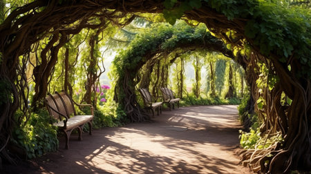 vine covered archway with bench. Generative AIの素材