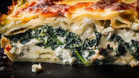 A piece of lasagna with spinach, ricotta and bechamel sauce on a white plate. Generative AIの素材