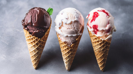 strawberry, vanilla, chocolate ice cream woth waffle cone on marble stone backgrounds Generative AIの素材