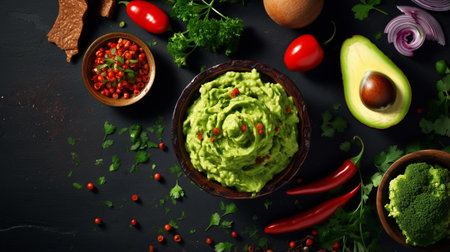 Traditional latinamerican mexican sauce guacamole in clay bowl, cut half avocado and avocadoの素材