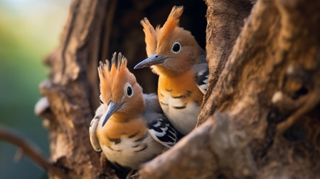 The Eurasian Hoopoe or Common hoopoe (Upupa epops) bird chicks prepares to fly out. Generative AIの素材