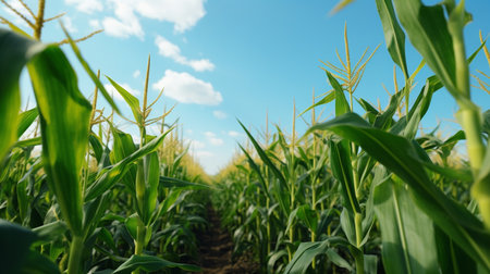 Corn cobs in corn plantation field with sunrise background. Generative AIの素材